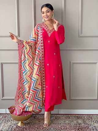 The52 Red Women Embroidered Viscose Kurta Pant and Dupatta set