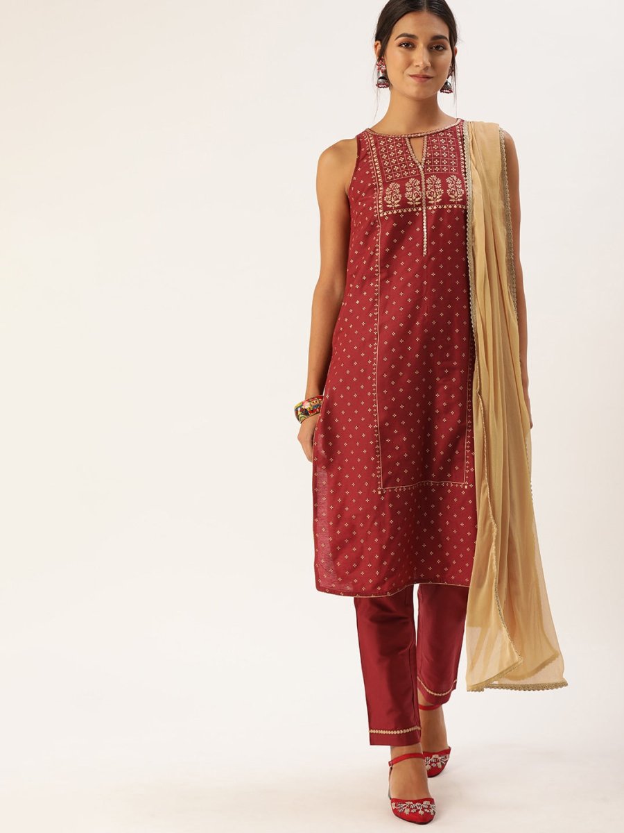 All About You Women Red Ethnic Motifs Printed Kurta with Trousers & With Dupatta - Distacart