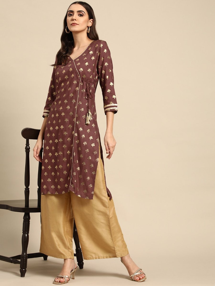 All About You Women Brown & Golden Ethnic Motifs Printed Gotta Patti Kurta - Distacart