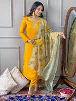 Thumbnail for The52 Gorgeous Embroidered Viscose Fabric Straight Kurta, Pant and Dupatta Set