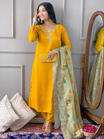 Thumbnail for The52 Gorgeous Embroidered Viscose Fabric Straight Kurta, Pant and Dupatta Set