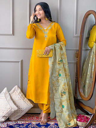 The52 Gorgeous Embroidered Viscose Fabric Straight Kurta, Pant and Dupatta Set