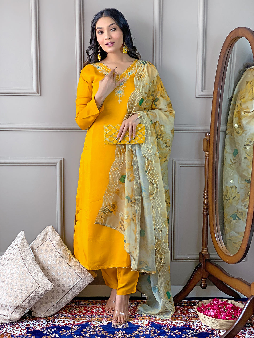 The52 Gorgeous Embroidered Viscose Fabric Straight Kurta, Pant and Dupatta Set