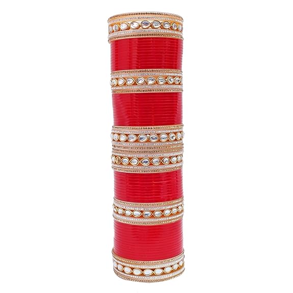 Tehzeeb Creations Bridal Bangle Set Chura Red White Kundan & Golden Stone Choora Wedding Punjabi Chuda for Women - Distacart