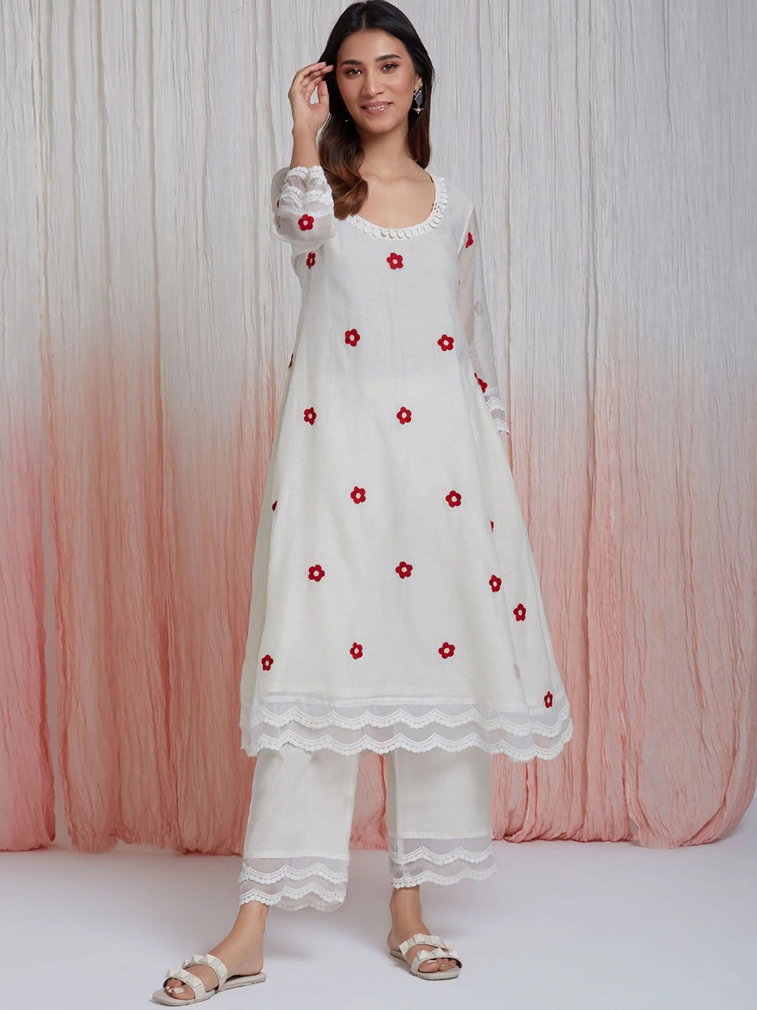 Kalini Floral Embroidered A-Line Thread Work Kurta With Palazzos & Dupatta - Distacart
