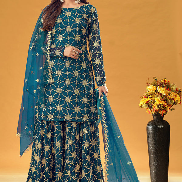 Monjolika Fashion Teal Embroidered Palazzo Salwar Suit - Distacart