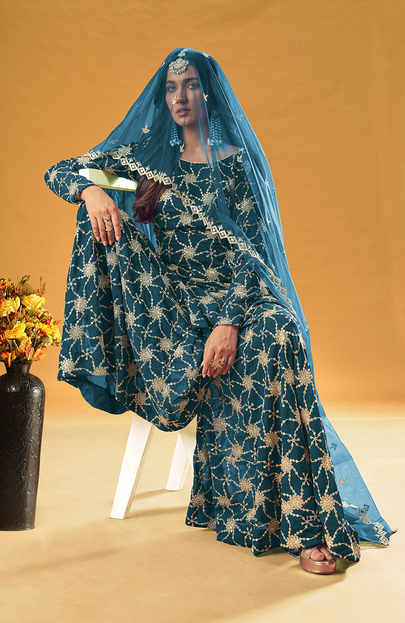 Monjolika Fashion Teal Embroidered Palazzo Salwar Suit