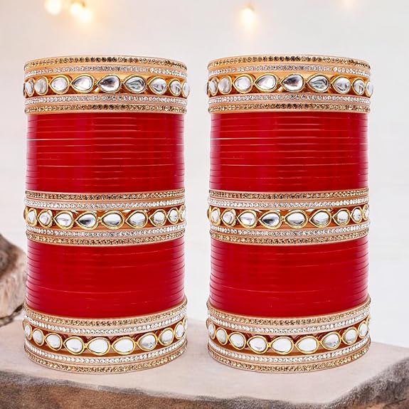 Tehzeeb Creations Bridal Bangle Set Chura Red White Kundan & Golden Stone Choora Wedding Punjabi Chuda for Women - Distacart