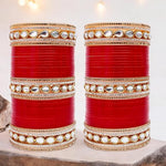 Thumbnail for Tehzeeb Creations Bridal Bangle Set Chura Red White Kundan & Golden Stone Choora Wedding Punjabi Chuda for Women - Distacart