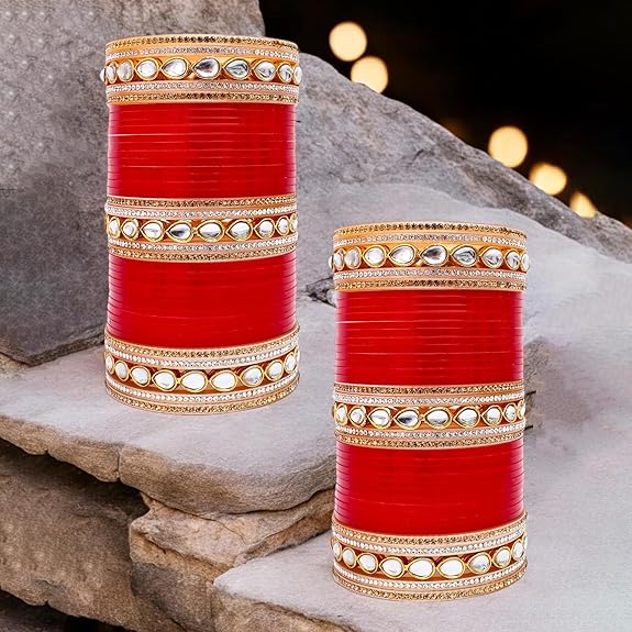 Tehzeeb Creations Bridal Bangle Set Chura Red White Kundan & Golden Stone Choora Wedding Punjabi Chuda for Women - Distacart