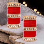 Thumbnail for Tehzeeb Creations Bridal Bangle Set Chura Red White Kundan & Golden Stone Choora Wedding Punjabi Chuda for Women - Distacart