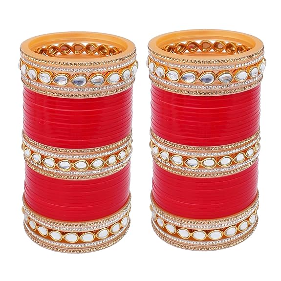 Tehzeeb Creations Bridal Bangle Set Chura Red White Kundan & Golden Stone Choora Wedding Punjabi Chuda for Women - Distacart