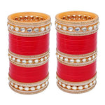 Thumbnail for Tehzeeb Creations Bridal Bangle Set Chura Red White Kundan & Golden Stone Choora Wedding Punjabi Chuda for Women - Distacart