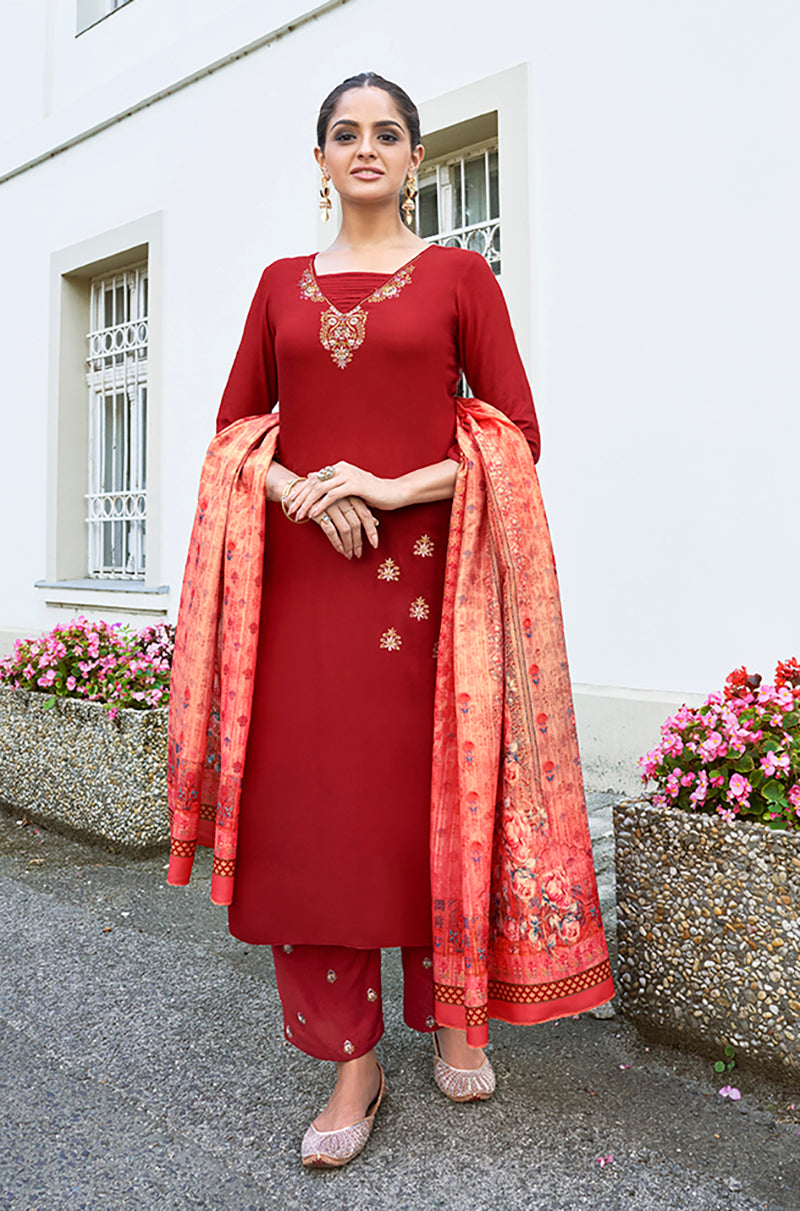 Monjolika Fashion Red Color Rayon Cotton Embroidered Ceremonial Salwar Suit