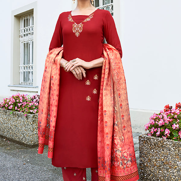 Monjolika Fashion Red Color Rayon Cotton Embroidered Ceremonial Salwar Suit - Distacart