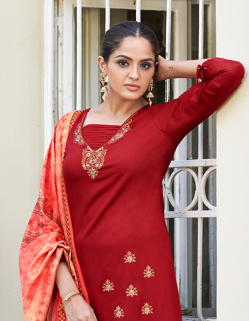 Monjolika Fashion Red Color Rayon Cotton Embroidered Ceremonial Salwar Suit