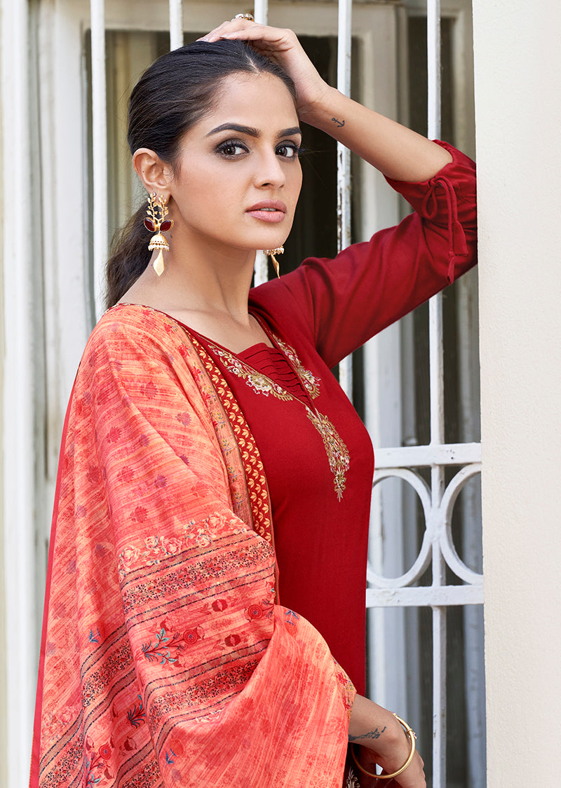 Monjolika Fashion Red Color Rayon Cotton Embroidered Ceremonial Salwar Suit