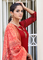 Thumbnail for Monjolika Fashion Red Color Rayon Cotton Embroidered Ceremonial Salwar Suit