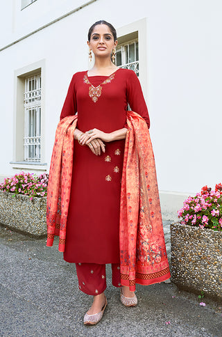 Monjolika Fashion Red Color Rayon Cotton Embroidered Ceremonial Salwar Suit