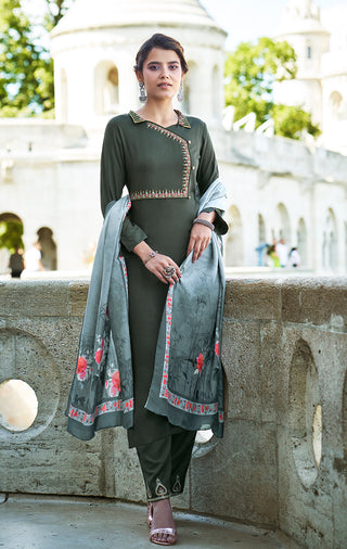 Monjolika Fashion Dark Sea Green Color Rayon Cotton Embroidered Ceremonial Salwar Suit