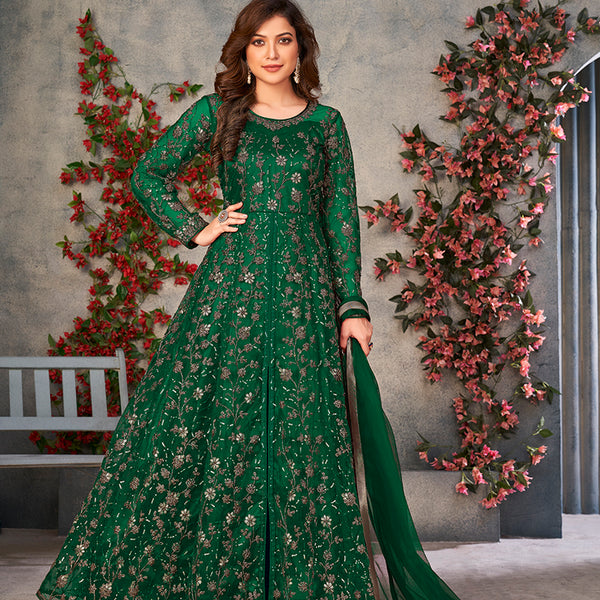Monjolika Fashion Green Color Net Embroidered Anarkali Salwar Suit - Distacart