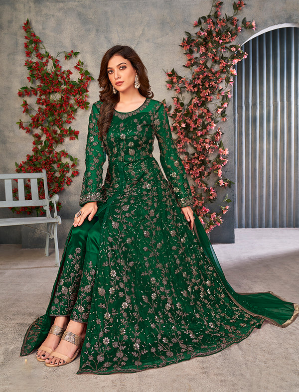 Monjolika Fashion Green Color Net Embroidered Anarkali Salwar Suit