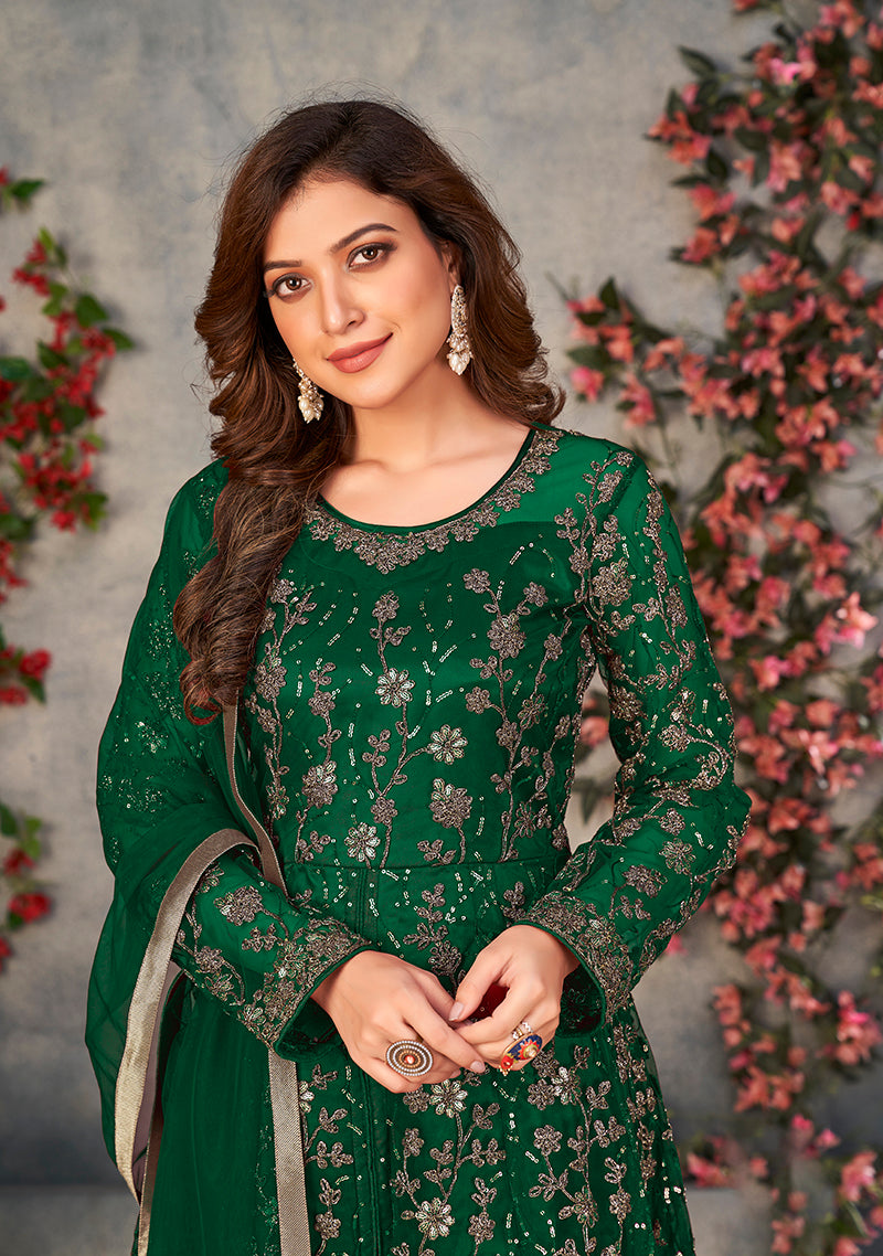 Monjolika Fashion Green Color Net Embroidered Anarkali Salwar Suit