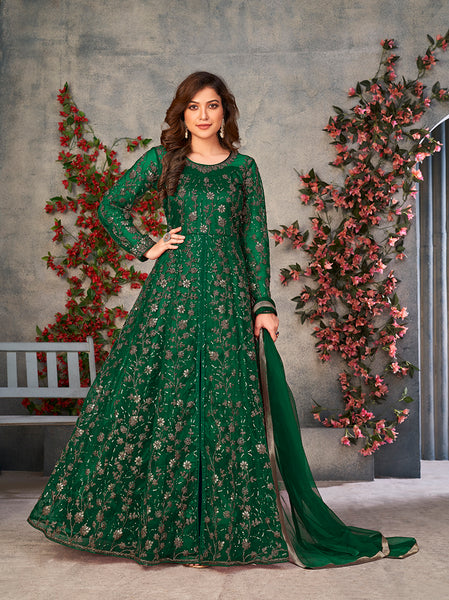 Monjolika Fashion Green Color Net Embroidered Anarkali Salwar Suit
