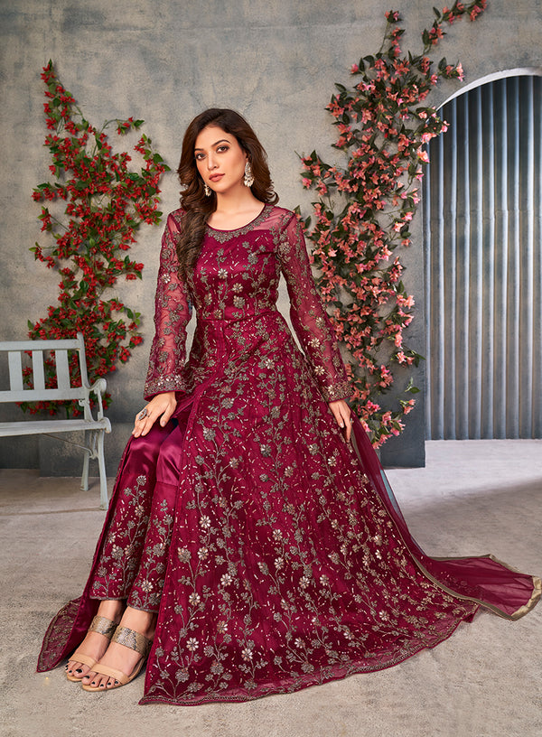 Monjolika Fashion Magenta Color Net Embroidered Anarkali Salwar Suit