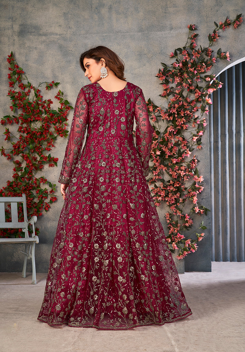 Monjolika Fashion Magenta Color Net Embroidered Anarkali Salwar Suit