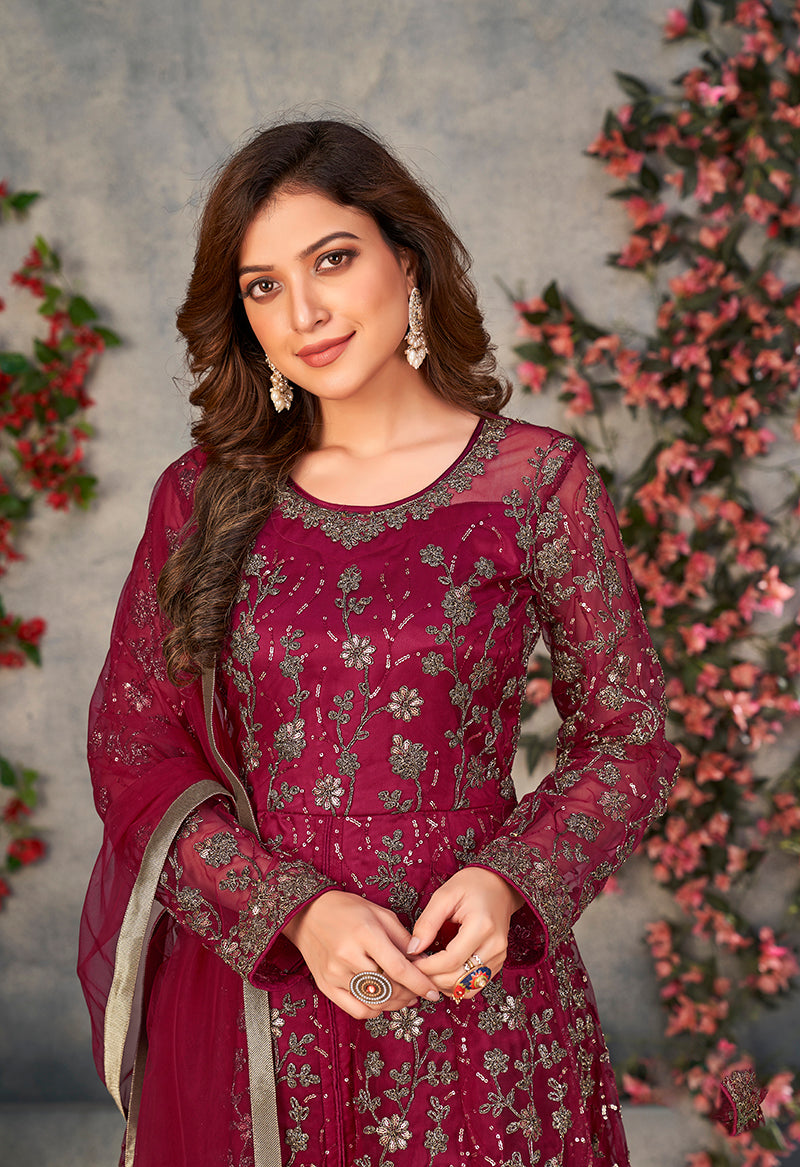Monjolika Fashion Magenta Color Net Embroidered Anarkali Salwar Suit