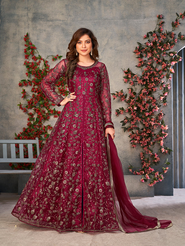 Monjolika Fashion Magenta Color Net Embroidered Anarkali Salwar Suit