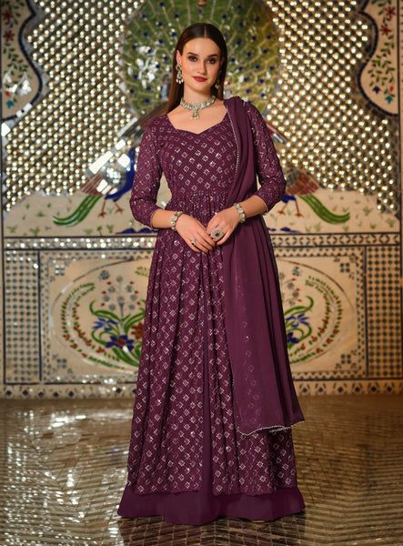 Monjolika Fashion Purple Color Georgette Anarkali Lehenga Style Suit