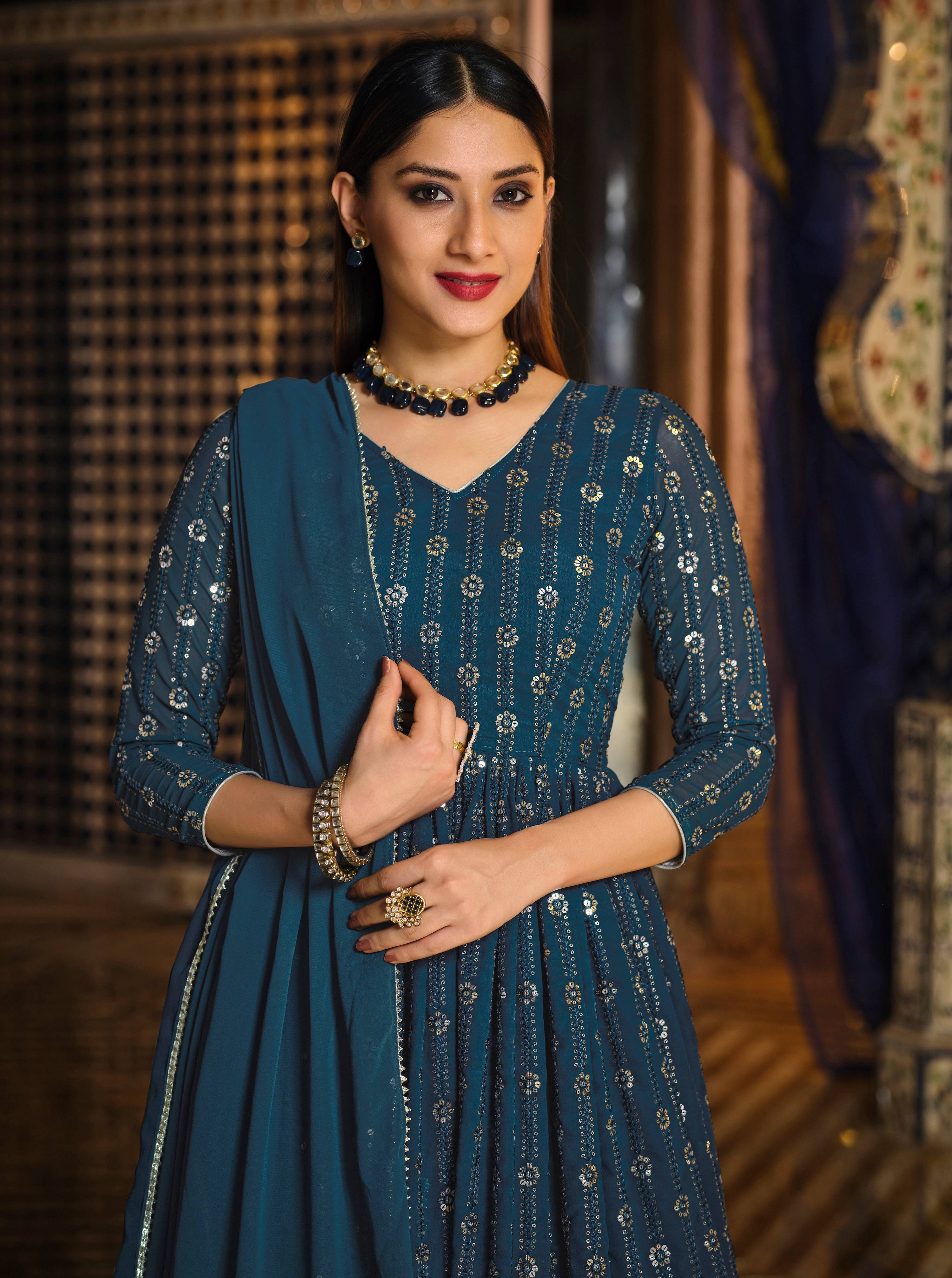 Monjolika Fashion Dark Teal Color Georgette Anarkali Lehenga Style Suit