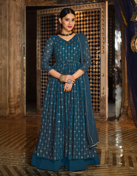 Monjolika Fashion Dark Teal Color Georgette Anarkali Lehenga Style Suit