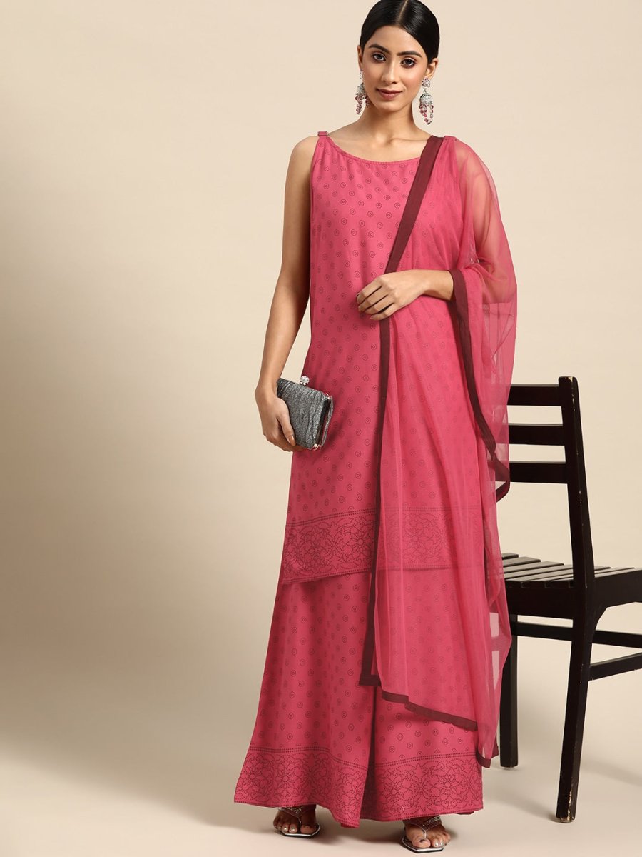 All About You Women Pink Printed Kurta with Palazzos & Dupatta - Distacart