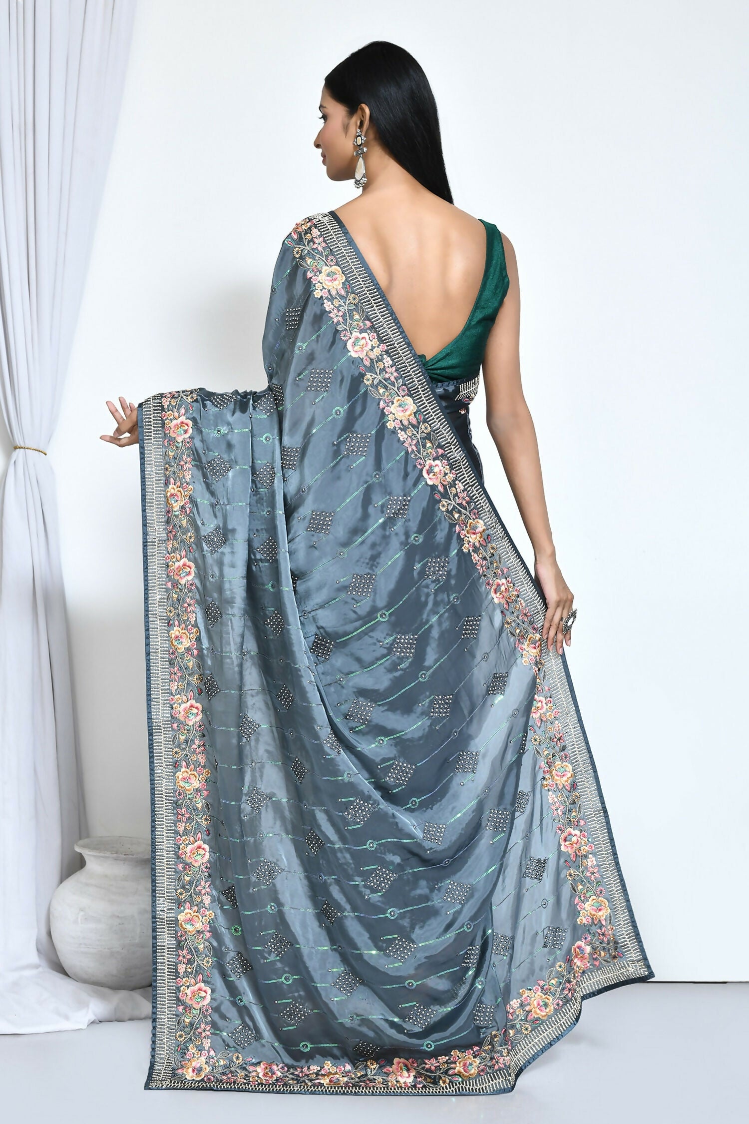 Teal Satin Silk Sequence Embroidered with Stone work Saree - Nimaya Benzy - Distacart