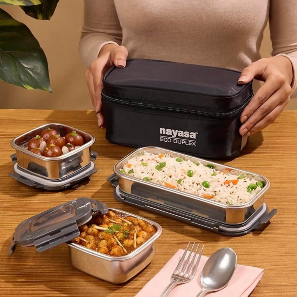 Nayasa Eco Duplex 3 Stainless Steel Office Lunch Box Set with Soft Insulated Bag - Dista