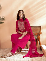 Thumbnail for Anouk Pink Floral Yoke Design Thread Work Chanderi Silk Kurta With Trousers & Dupatta