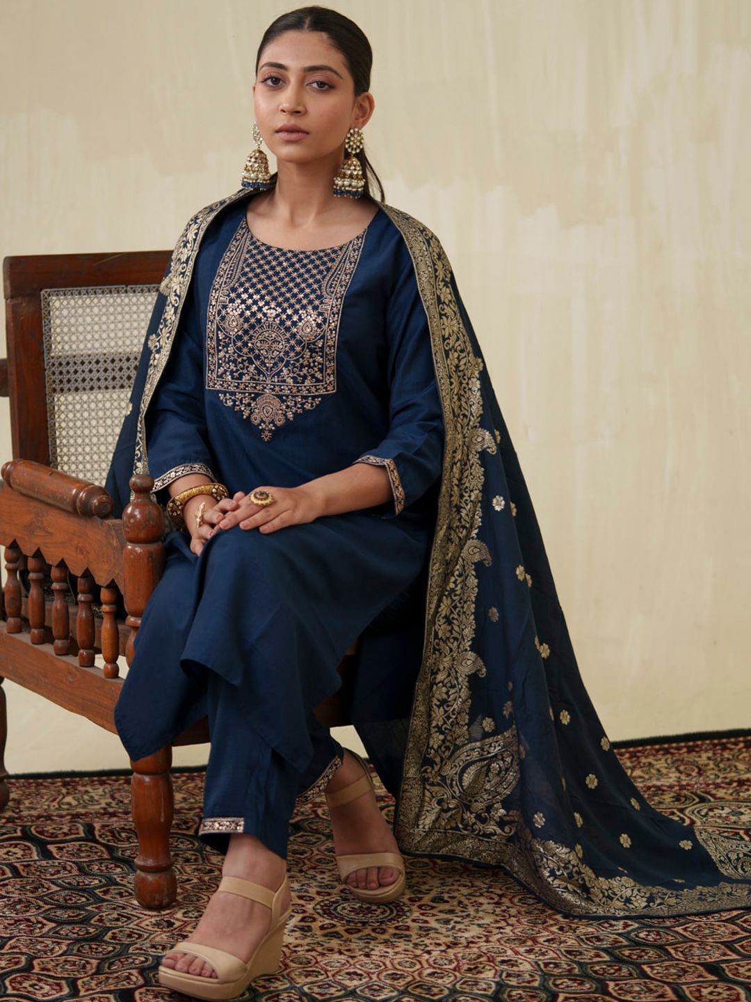 Ode by House of Pataudi Ethnic Motifs Yoke Design Sequinned Kurta With Trousers & Dupatta - Distacart