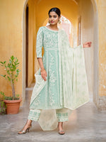 Thumbnail for Soch Women Green Floral Embroidered Empire Thread Work Pure Cotton Kurta with Trousers & With Dupatta - Distacart