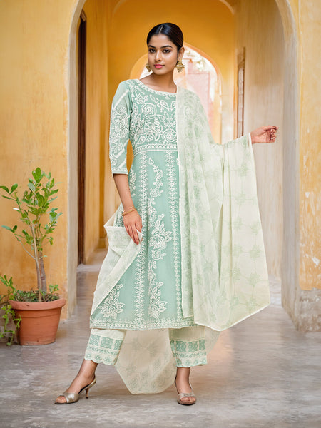 Soch Women Green Floral Embroidered Empire Thread Work Pure Cotton Kurta with Trousers & With Dupatta - Distacart