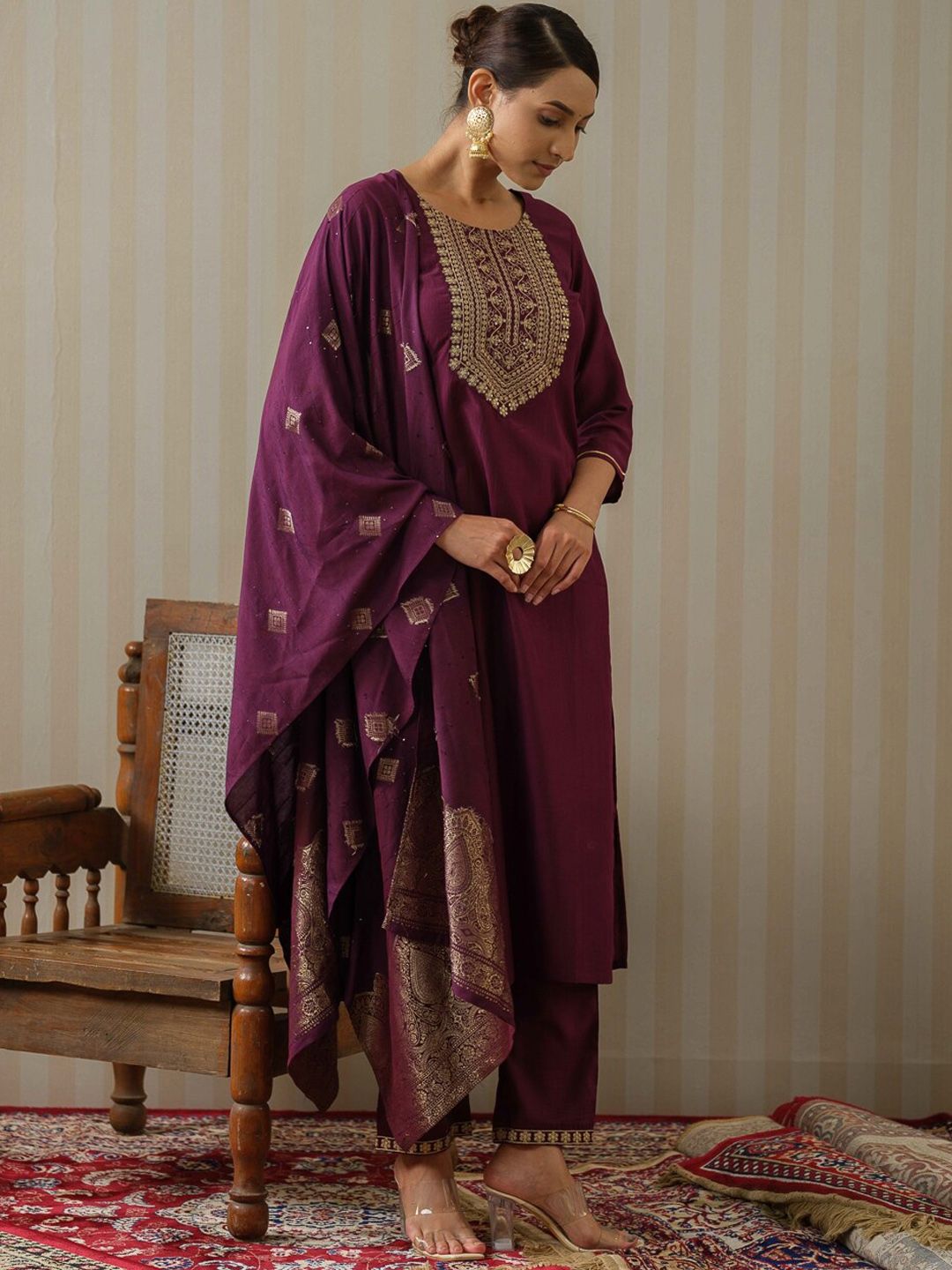 Ode by House of Pataudi Purple Ethnic Motifs Straight Kurta & Trousers With Dupatta - Distacart
