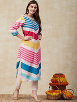 Thumbnail for Kalini Geometric Printed V-Neck Thread Work Kurta & Trousers With Dupatta - Distacart