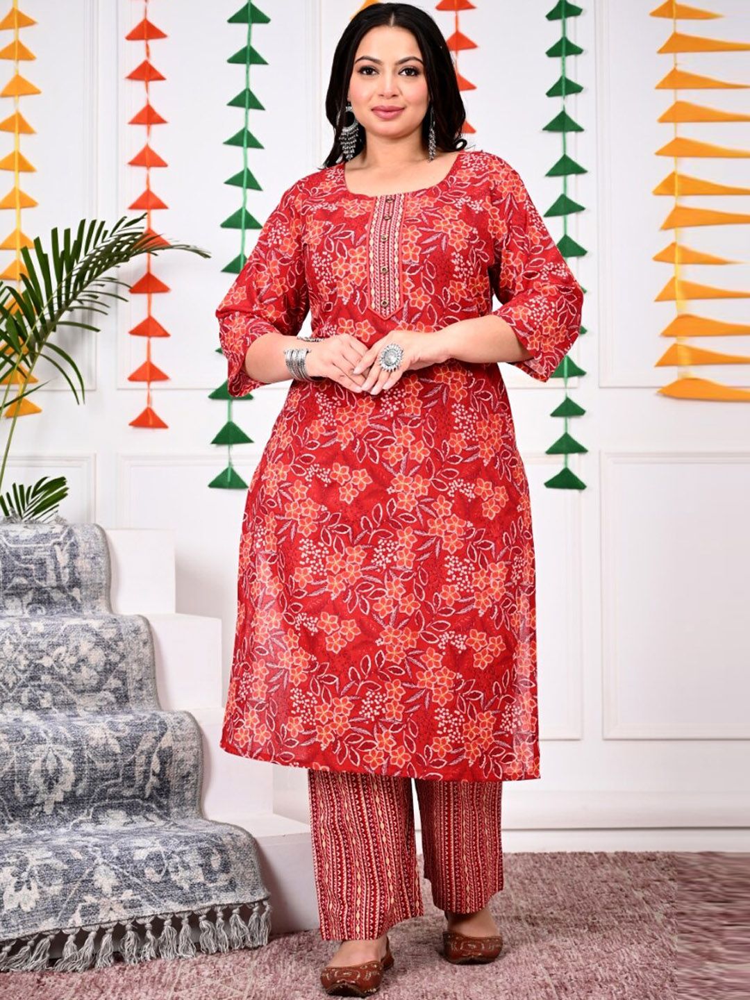 Swasti Plus Size Ethnic Motifs Printed Regular Pure Cotton Kurta with Trousers & Dupatta - Distacart