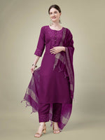 Thumbnail for Jyoti Fashion Women's Purple Cotton Blend Embroidery & Sequence work Kurta with Trouser & Dupatta - Distacart