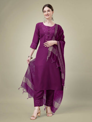 Jyoti Fashion Women's Purple Cotton Blend Embroidery & Sequence work Kurta with Trouser & Dupatta - Distacart
