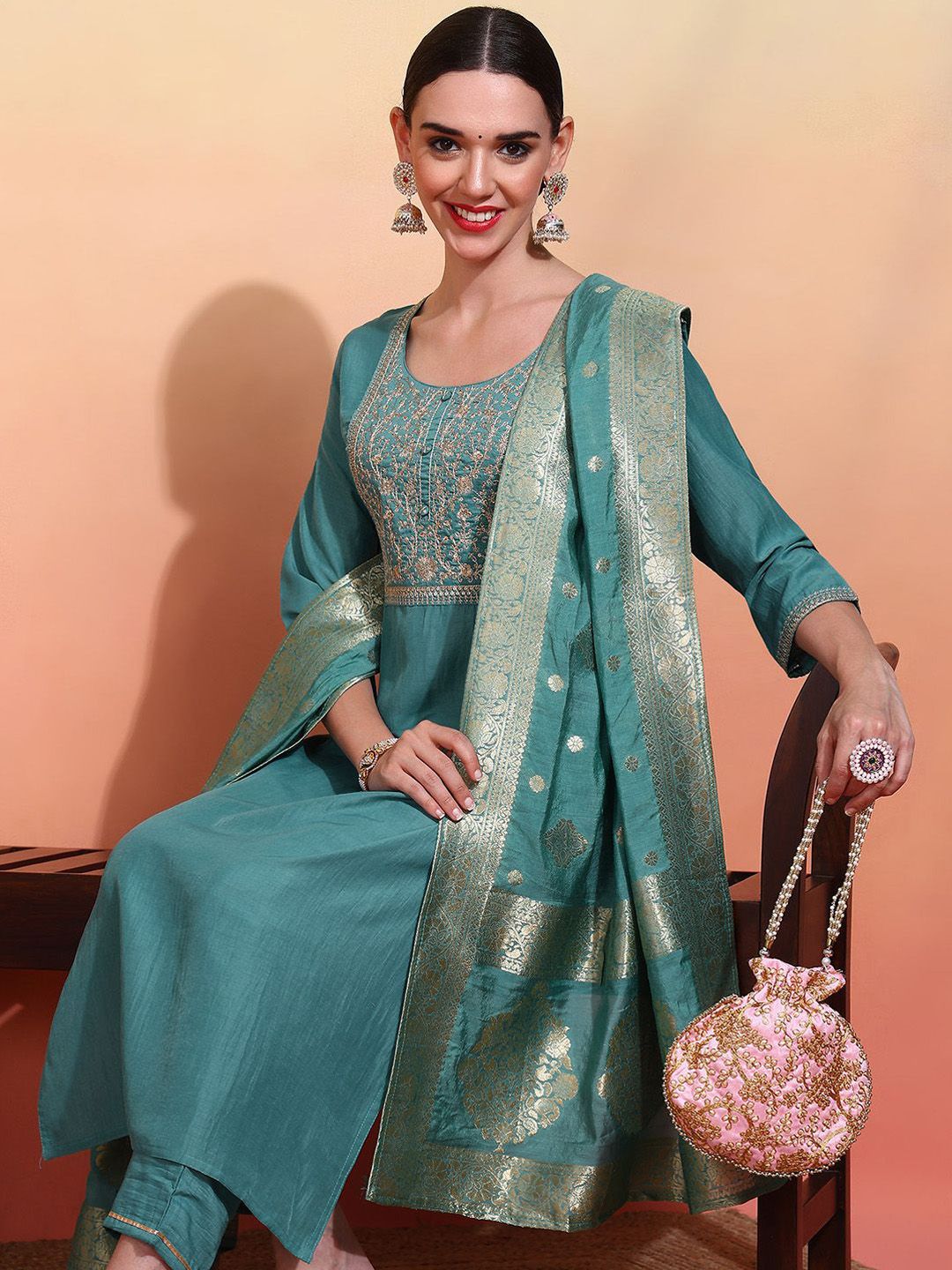Ode by House of Pataudi Women Embroidered Regular Kurta with Trousers & With Dupatta - Distacart