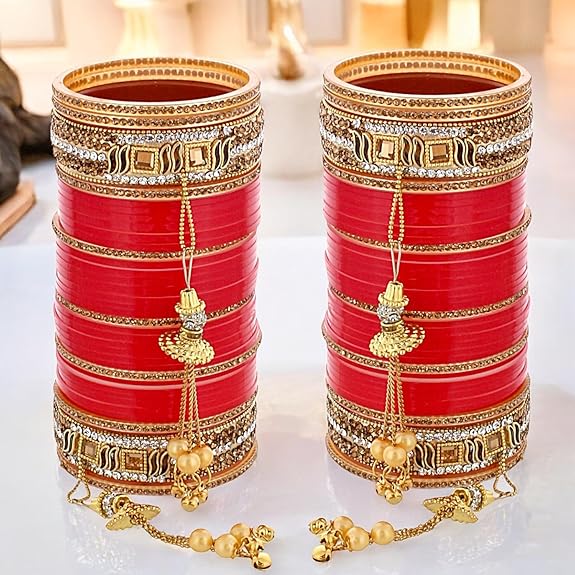 Tehzeeb Creations Bridal Bangle Set Wedding Punjabi chuda Designer chura CZ Stone Red Color choora Set for Women - Distacart