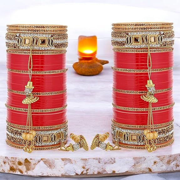 Tehzeeb Creations Bridal Bangle Set Wedding Punjabi chuda Designer chura CZ Stone Red Color choora Set for Women